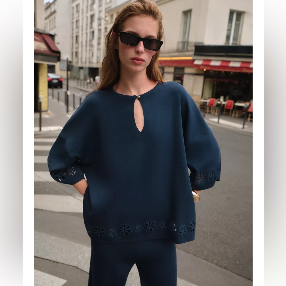 Zara EMBROIDERED EYELET KNIT TOP in the shade Bluish ( oversized )